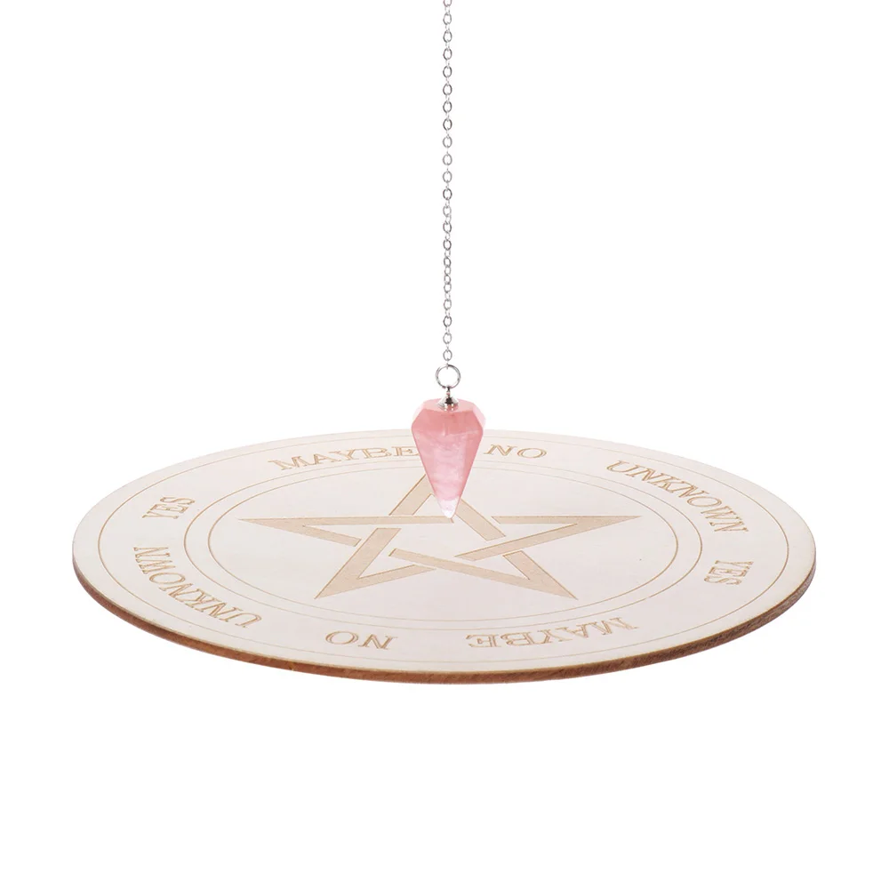 

Laser Cut Slice Wood Base Flower Of Life Shape Crystal Hexagonal Pointed Wooden Pendulum Board With Stars Sun And Moon Wall Art