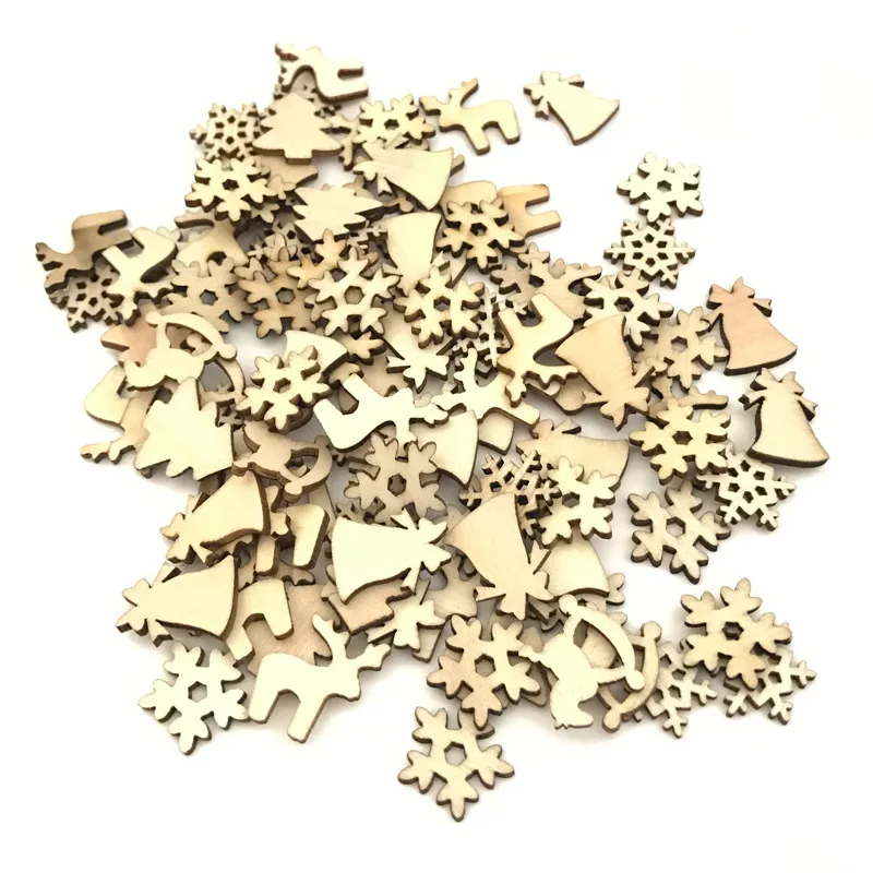 

100Pcs Christmas Wooden Pendants Ornaments DIY Wood Crafts Xmas Tree Ornaments Snowflake Christmas Party Decorations for home