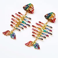 creative design super shiny color crystal fish bone long earrings for woman fish sweet cute party animal jewelry accessories