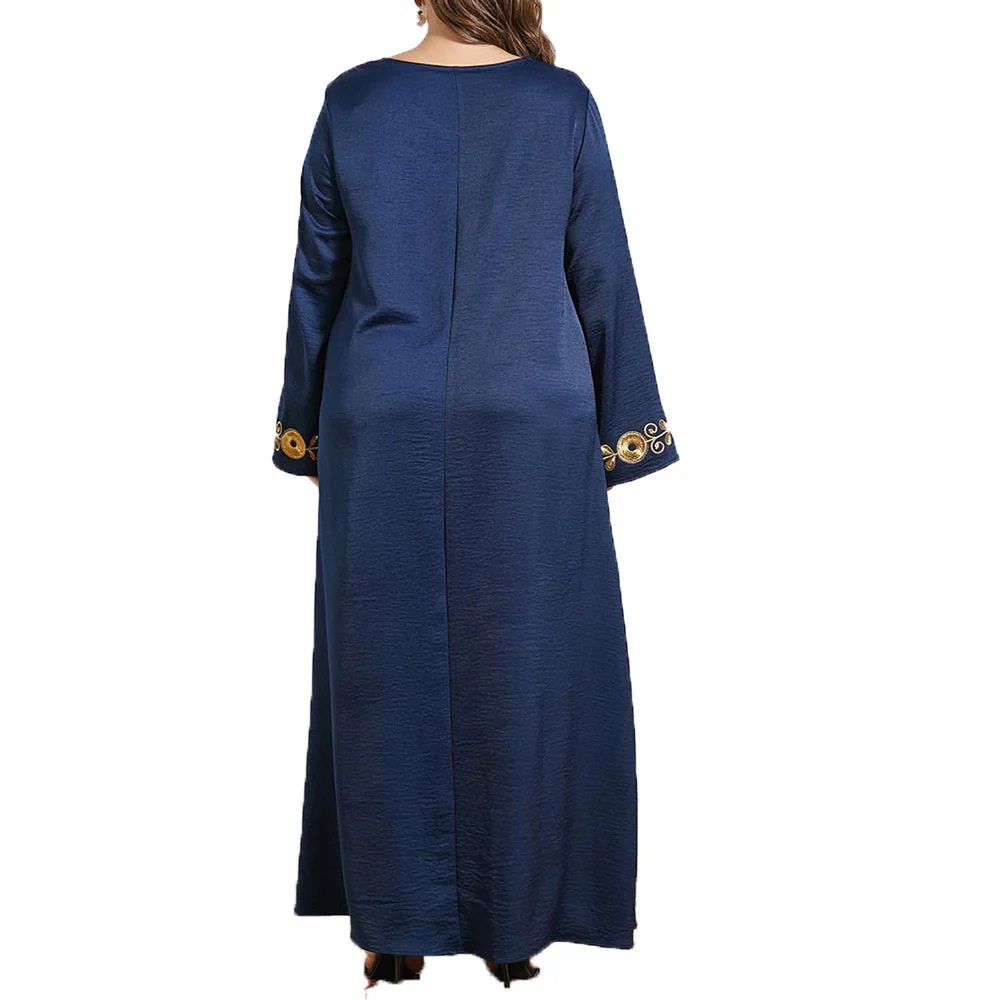 

Muslim Summer Women's Dress Temperament Loose Casual Elegant Fashion Embroidery Plus Size Long Sleeve Round Neck 2021