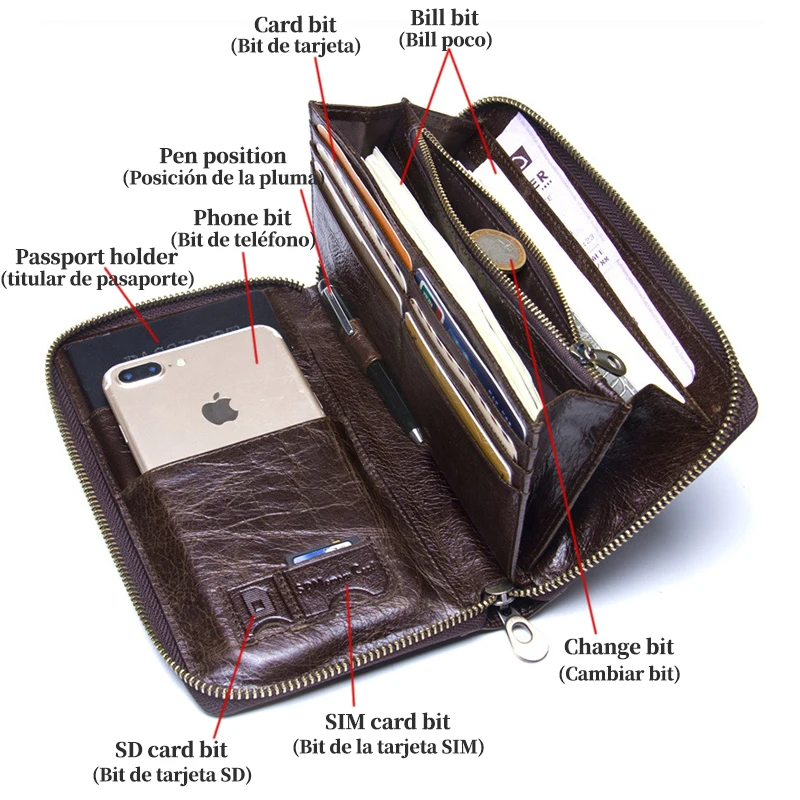 Custom Name Wallets Men Fashion Passport Wallet Zipper Purses With Phone Bags Card Holder Gift  Genuine Cowhide Leather