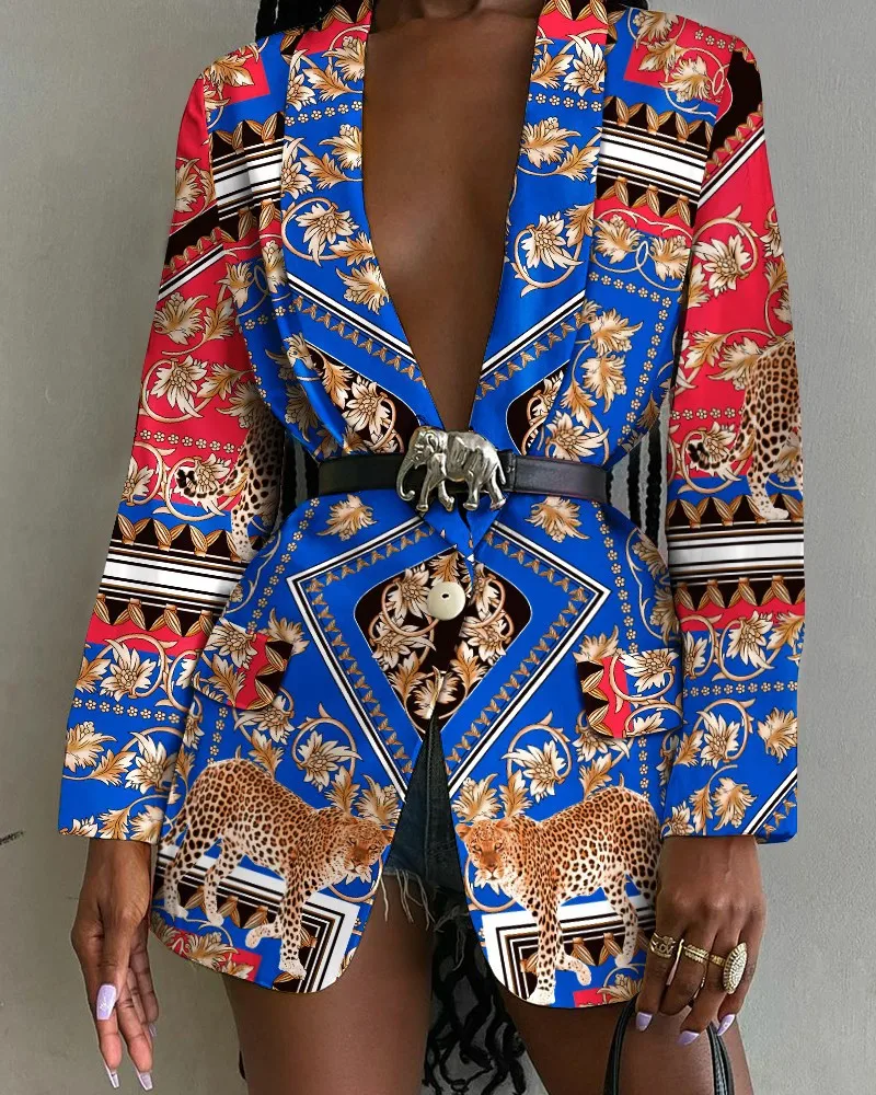 

Women Autumn Fashion Print Fashion Single Button Belt Blazer Long Sleeve Slim Cardigan Coat Elegant Office Ladies Blazer Jackets