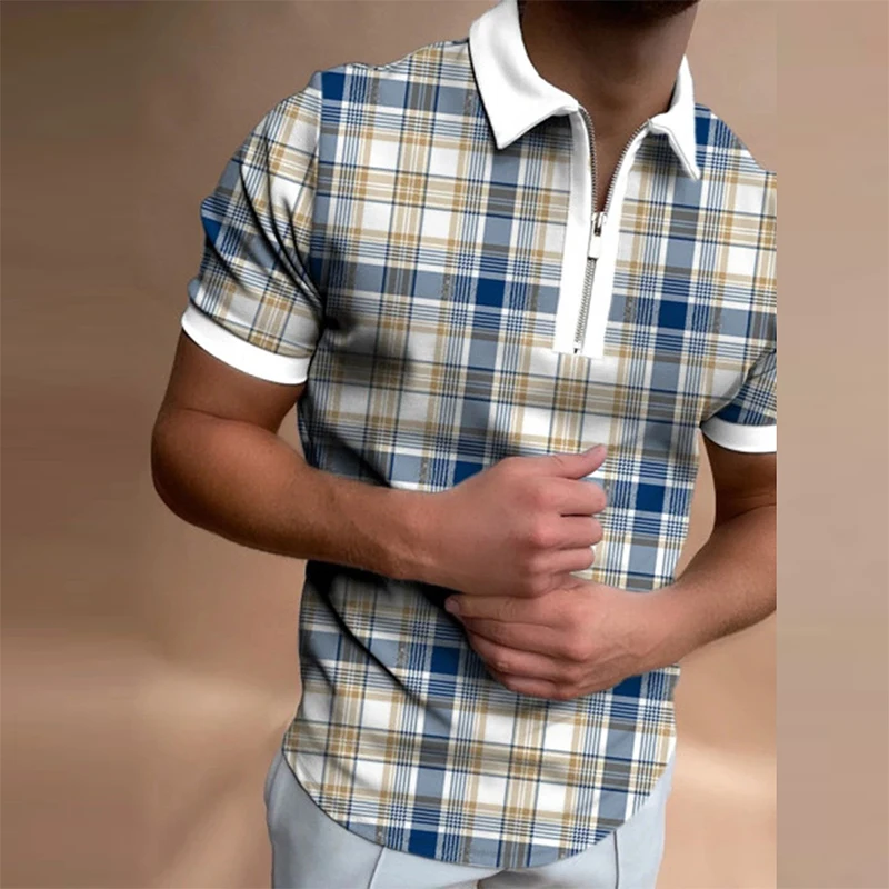 

2021New plaid zipper design lapel tops fashion casual men's polo shirts Brand Men Short-Sleeved Shirt Summer TShirt Man Clothing