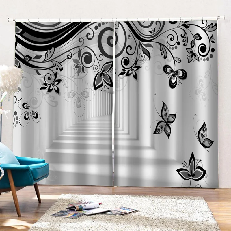 

3D Printed Blackout Curtain Kit with Bright Red Flower Pattern, Suitable for Family Scenes In Living Room and Bedroom