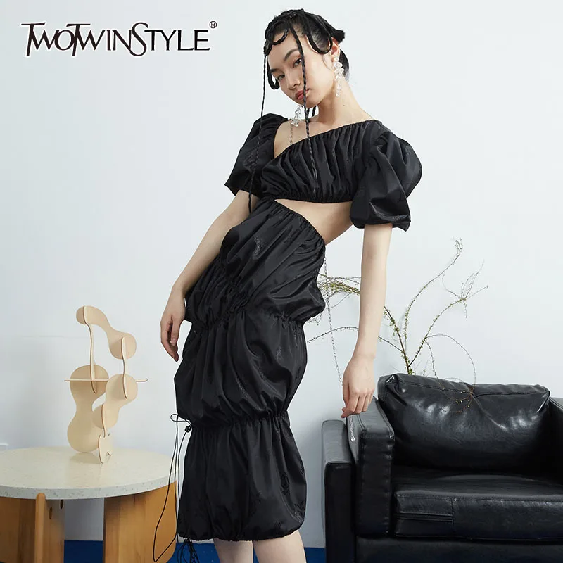 

TWOTWINSTYLE Asymmetrical Hollow Out Summer Dress Female Irregular Collar Puff Sleeve High Waist Black Dresses Female Fashion