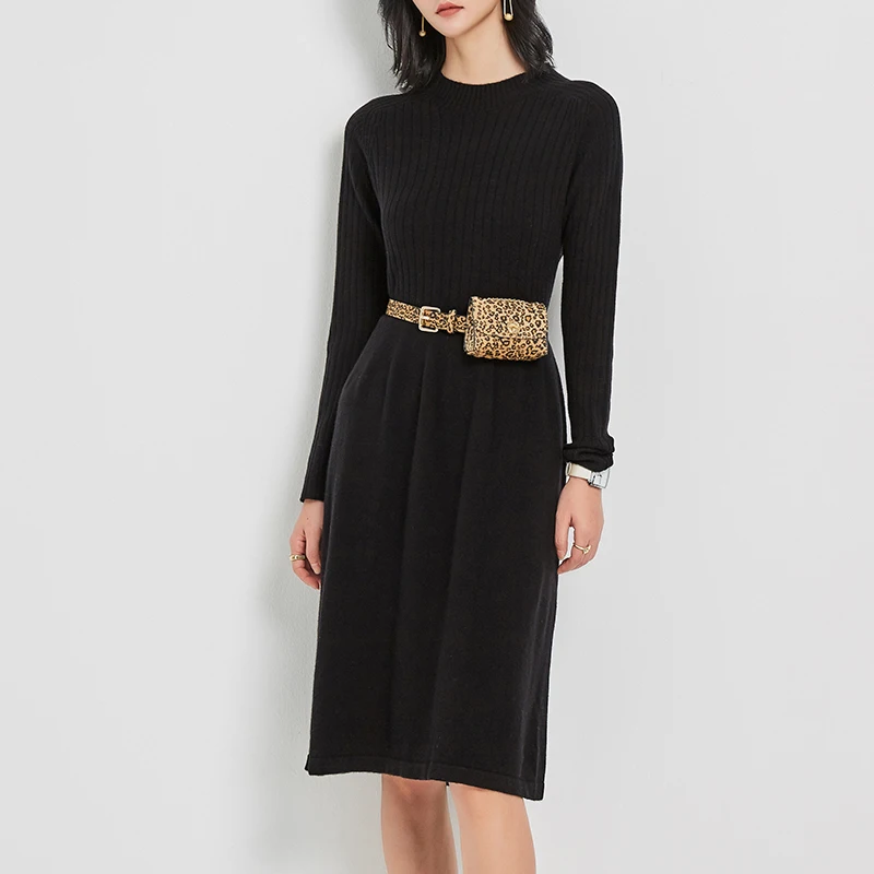 

Women's Sweater Dress 2021 Half High Neck Solid Elegant Party Dress 100% Wool Vintage Cardigan