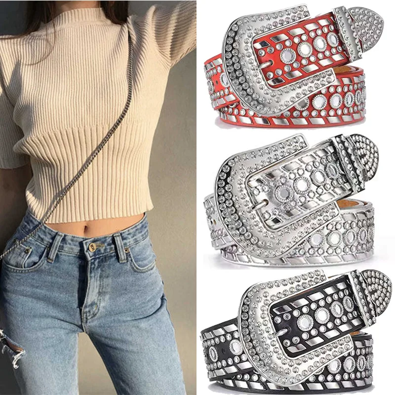 

Rivet men's and women's belts European and American pin buckle rhinestone inlaid wide belt ladies jeans high-end rivets