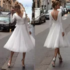 Романтическое Короткое свадебное платье А-силуэта с V-образным вырезом и длинным рукавом, индивидуальное винтажное платье невесты, 2021