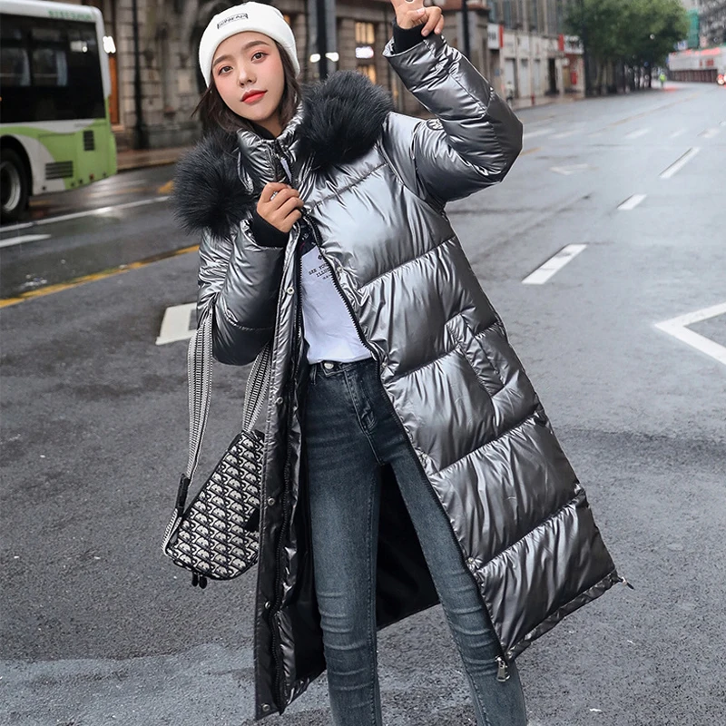 X-long Oversize Blue Down Jackets Thick Casual with Fur Parkas 2023 Winter Female Down Coats Hooded Solid Warm Snow Coats Women