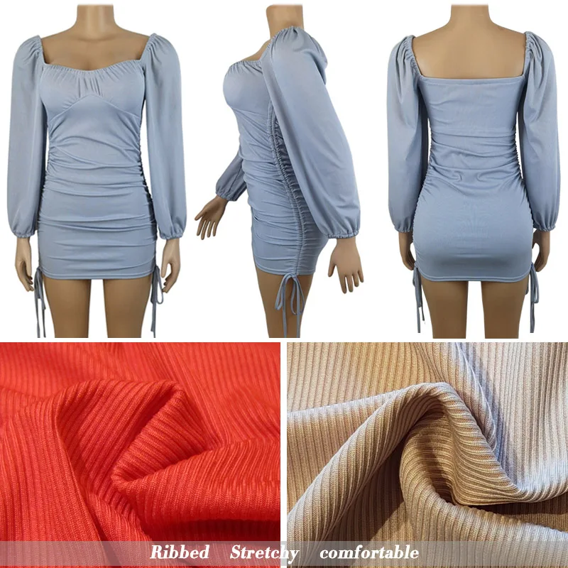 

White Long Sleeve Bodycon Dress Women Summer Off Shoulder Sexy Mini Dress Drawstring Ruched Puff Sleeve Short Party Dress Black