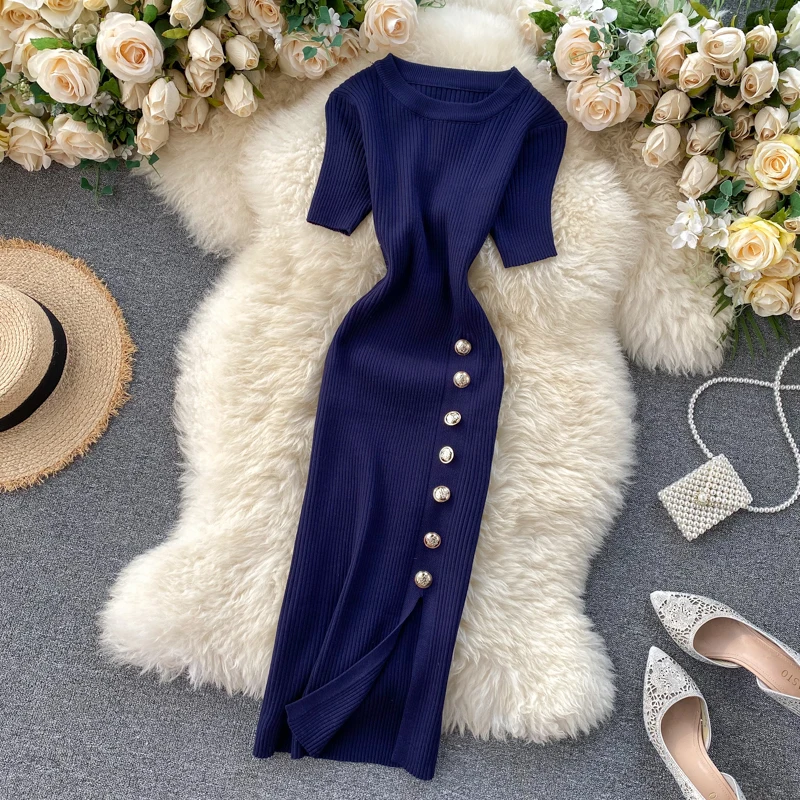 

LDKVGSU Vestidos Solid Korean Vintage High Waist Women Dress Bodycon Sexy Stretch Knitted 2021 Summer New Dresses Chic s764