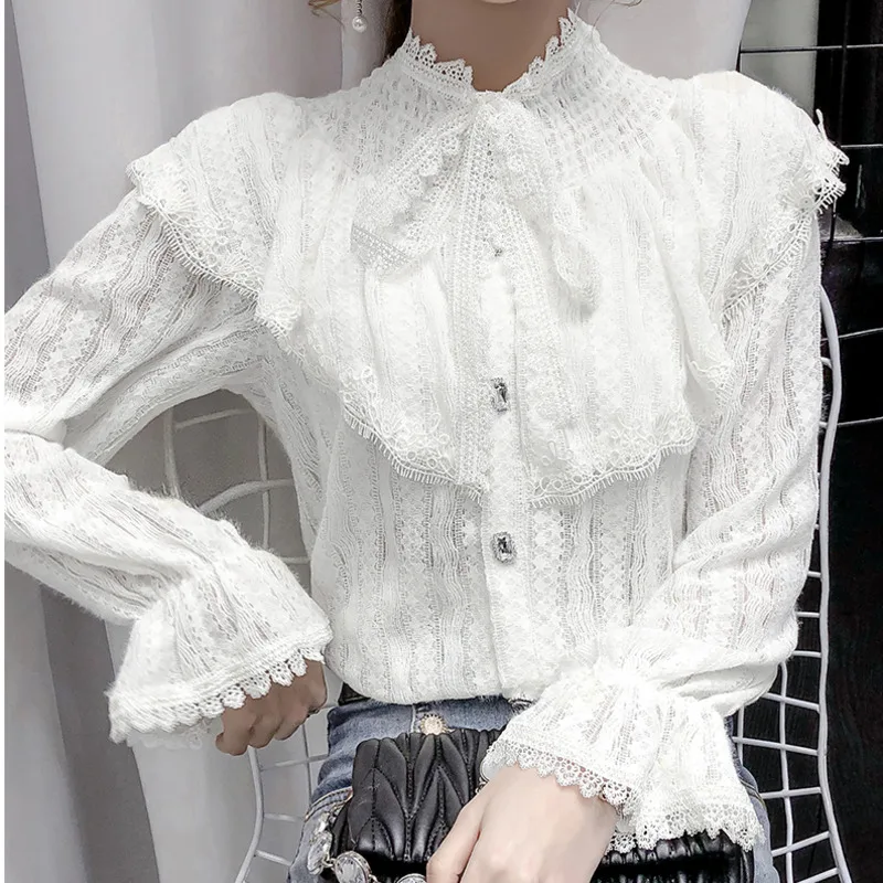 #2005 базовые Топы с воротником-бантом кружевные рубашки блузка Женская винтажная