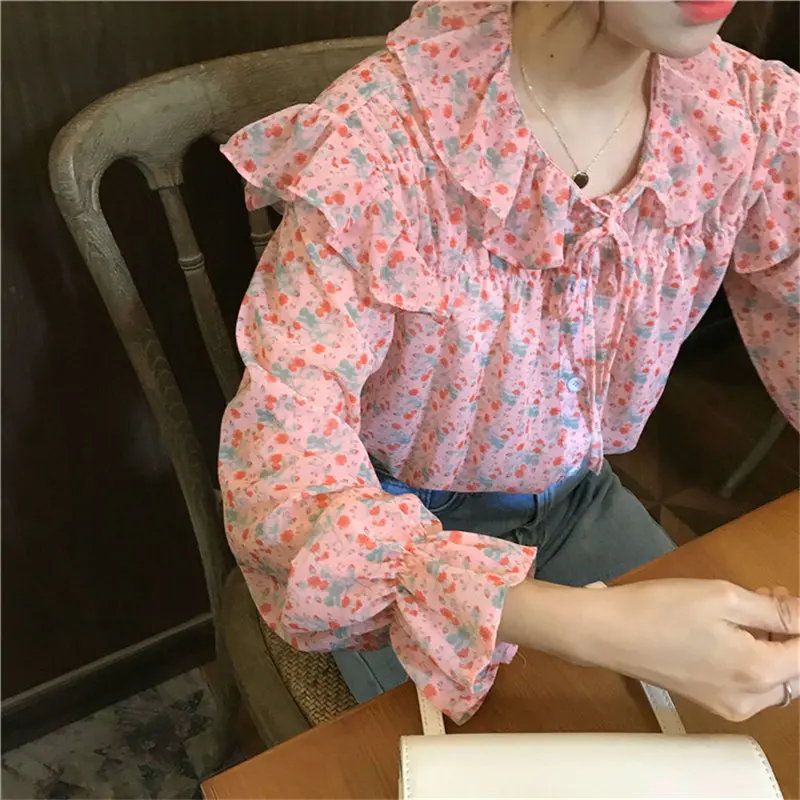 

Alien Kitty Sweet Chic Florals Cute Full-Sleeved Ruffles 2020 Elegance High Street Loose Blouses Sweet All Match OL Shirts