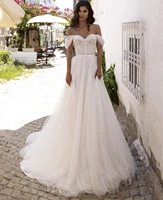 off shoulder vestido de novia modesto wedding dresses 2021 a line tulle appliqued cheap boho bridal gown robe de mari%c3%a9e