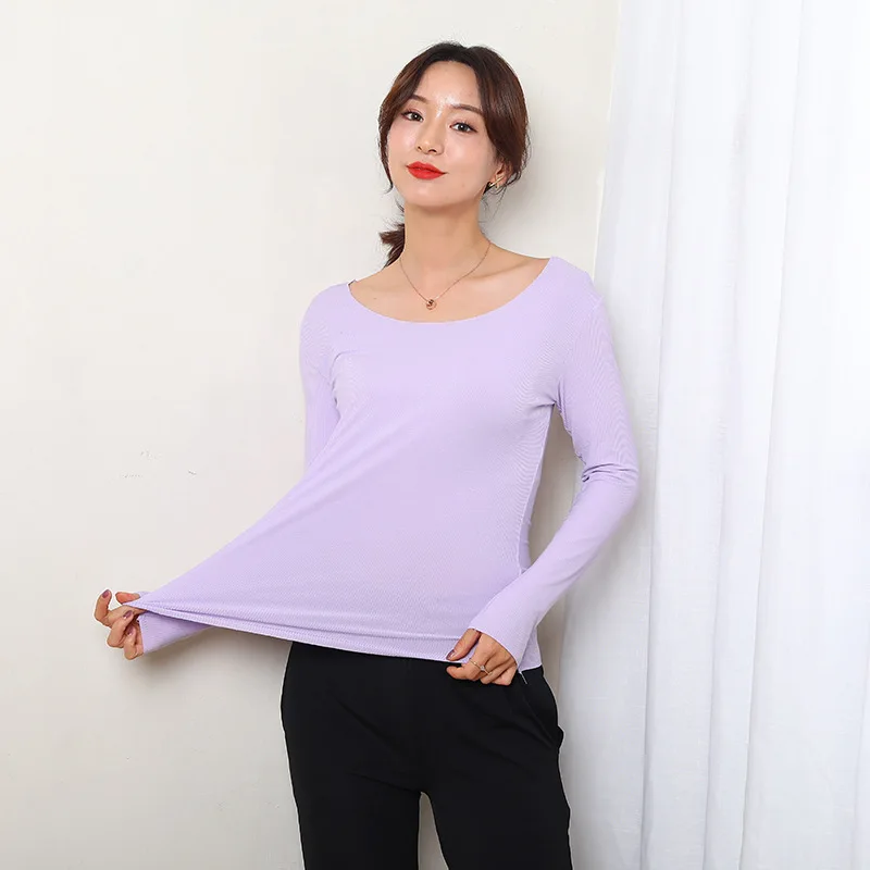 

Modal Base Shirt Female Autumn New Style Facemask Thread round Neck Purple Underwear Thin Slim Fit Tops Fashion