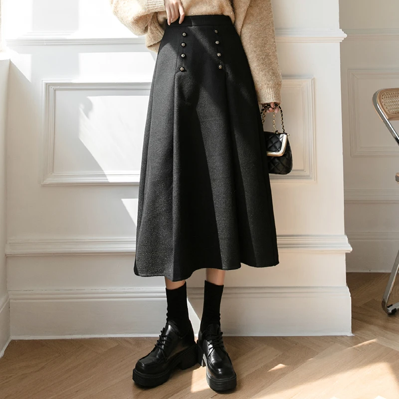 

New England Style Autumn Winter Wool Skirts Womens Fashion Double Breasted High Waist A-Line Long Skirt Ladies Casual Jupe