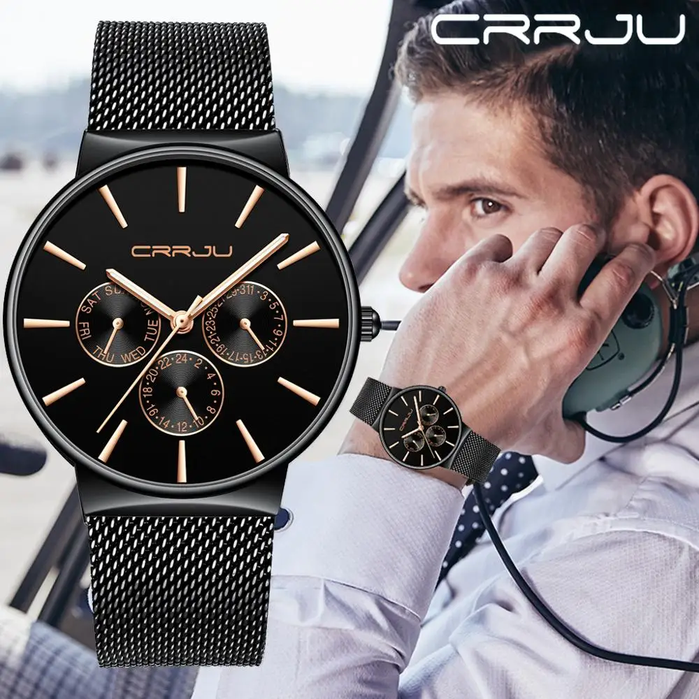 Часы CRRJU Мужские кварцевые деловые популярный товар с сетчатым браслетом из