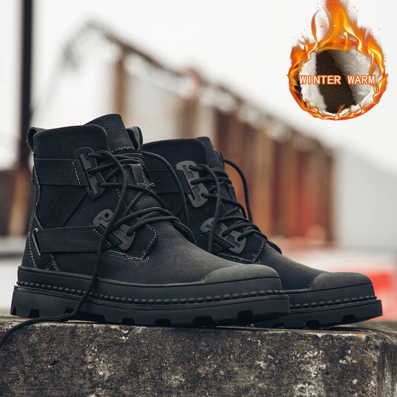 

2021 Mens Motorcycle Boots High Top Split Leather Men Military Combat Boots Warm Fur Big Size Men Tactical Military Boots