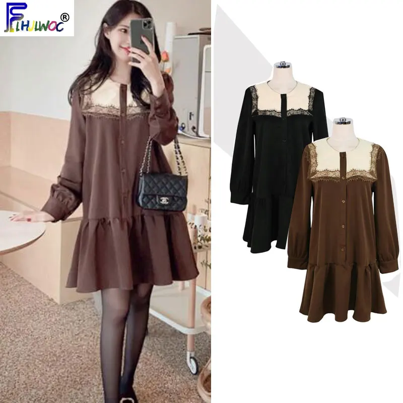 

Новогодние платья-рубашки на пуговицах, Лидер продаж, милое японское мини-платье составного кроя с черными кружевами и оборками, 11025