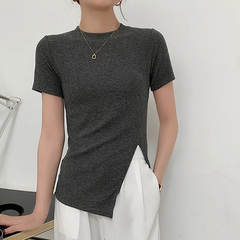 

Футболка женская, с коротким рукавом и круглым вырезом, приталенная, черная, элегантная, с разрезом, 2021