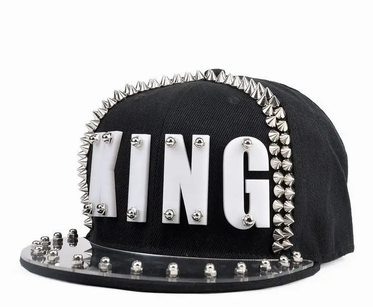 

Acrylic Board Spike Studs Rivet KING Baseball Cap Women and Men Street Punk Rock Hiphop Snapback Caps
