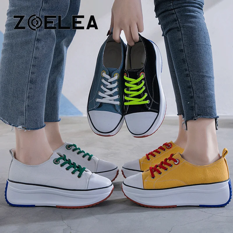 

2021 New Female Flats Canvas Platform Wedges Fashion Brand Design Lace Up Footwear Women's Autumn Fashion Women Sneakers
