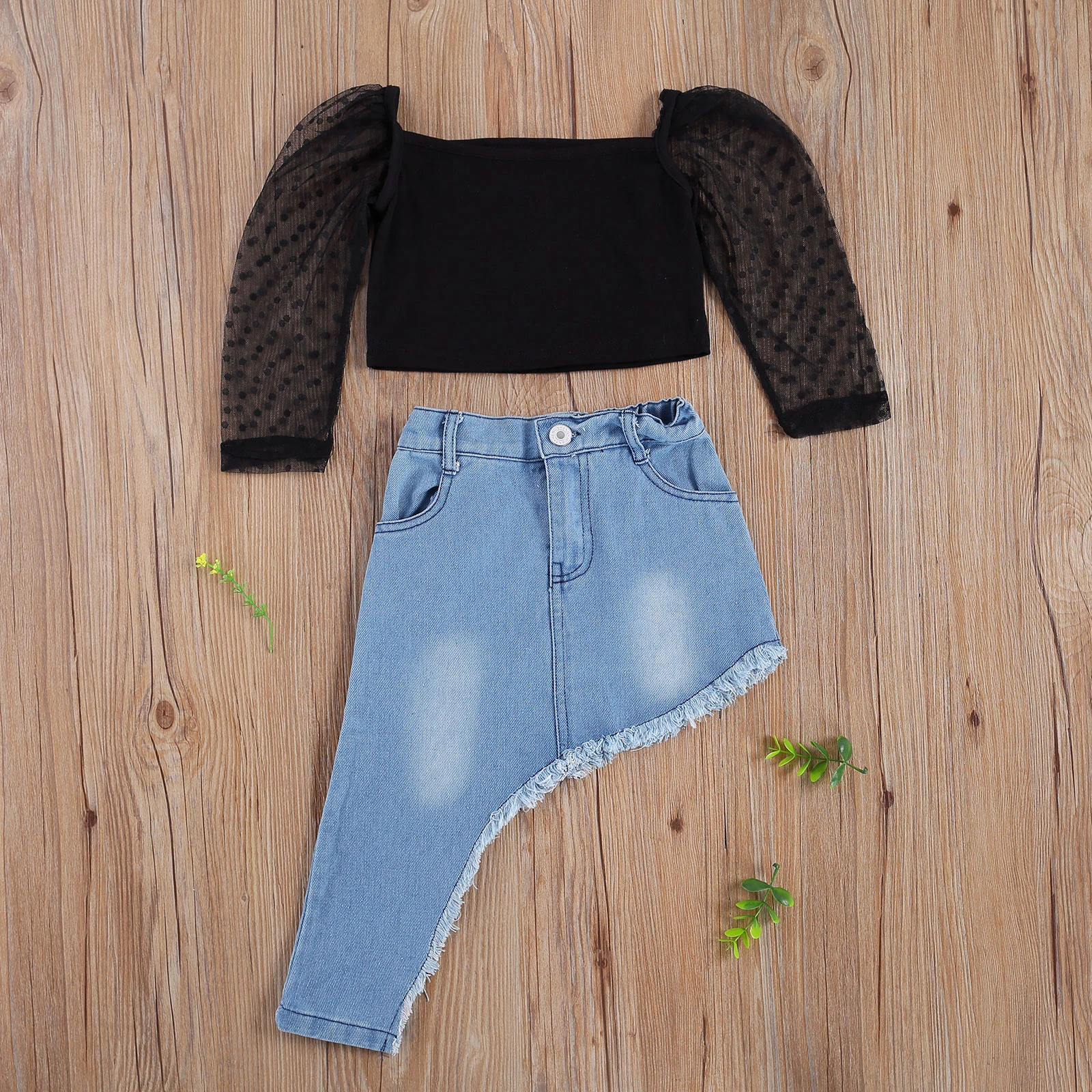 

Комплект для девочек из 2 предметов, джинсовый сетчатый пуловер с длинным рукавом и синей юбкой, летний, 2021