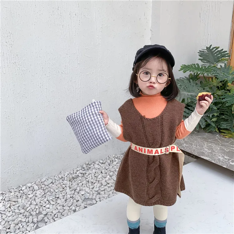 Осень 2019 милое вязаное платье-жилет в Корейском стиле для девочек детское платье