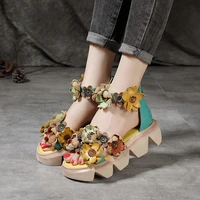 summer new ethnic style thick soled sandals womens flower wedges light soled comfortable leather womens shoes