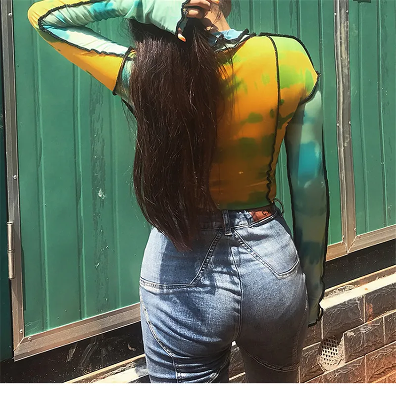 Модная футболка BOOFEENAA, женские футболки с графическим принтом Tye Dye, Лоскутная Прозрачная Сетчатая футболка с высоким воротом и длинным рукавом, уличная одежда, C94-AZ15