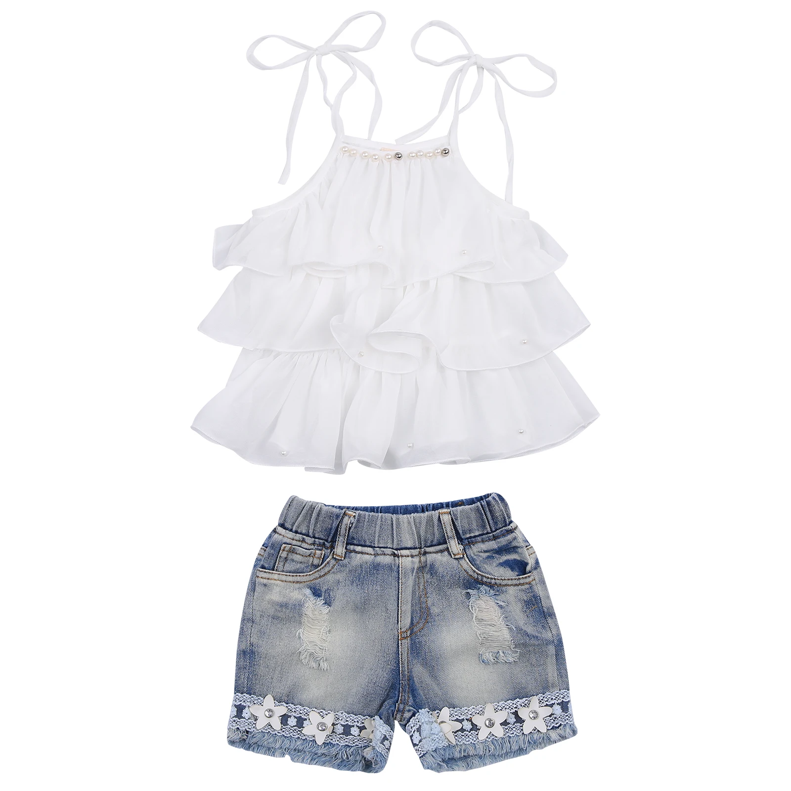 

Kid Girl’s Clothes Set 2pcs Summer Fashion Solid Color Pearl Camisole and Flower Patchwork Denim Shorts Outfits Set 3-7Years