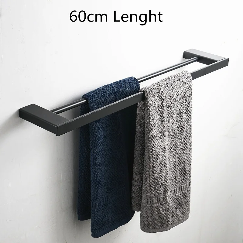 Towel double bar60cm Матовое черное оборудование для ванной набор полотенец стойка угловая полка Держатель для полотенца бар из нержавеющей стали набор оборудования для ванной комнаты - Цвет: Towel double bar60cm