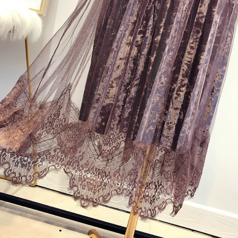 

Autumn Women Super Fairy Lace Spliced Velvet Skirt Winter High Quality Elegant Tulle Long Pleated Skirt falda mujer Saias