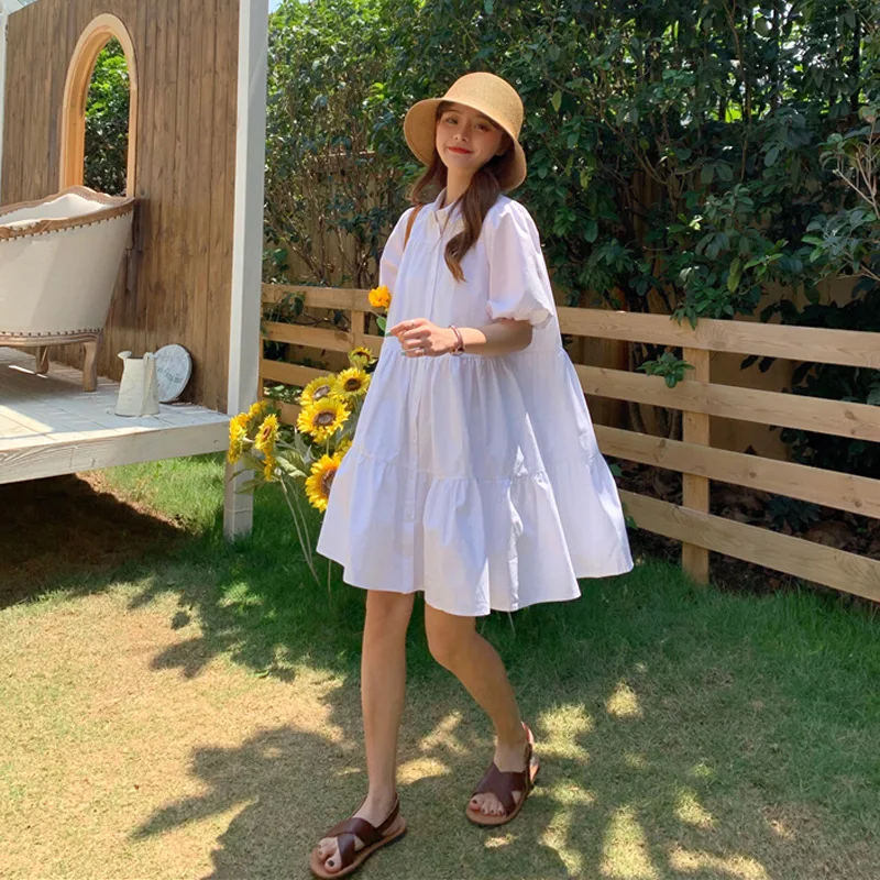 

Women Dresses Summer 2021 Sweet White Puff Sleeve Turn-down Collar A-Line Mini Dress Korean Short Sleeve Dress Plus Size
