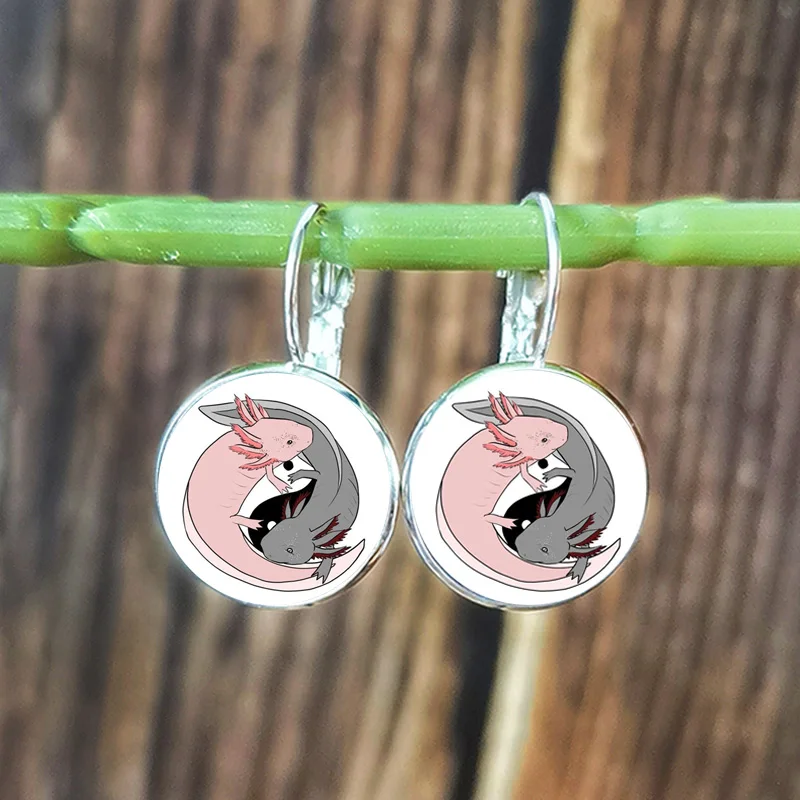 Модные Axolotl серьги милые животные мультфильм узор стекло кабошон висячие для