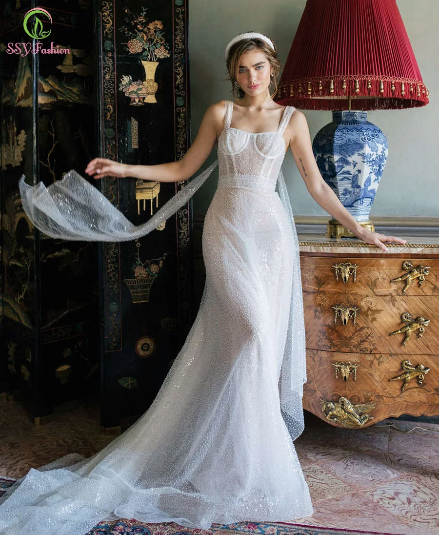 

SSYFashion New Sexy Beach Party Formal Gown for Women Sweetheart Sequins Slim Sweep Train Long Evening Dresses Vestidos