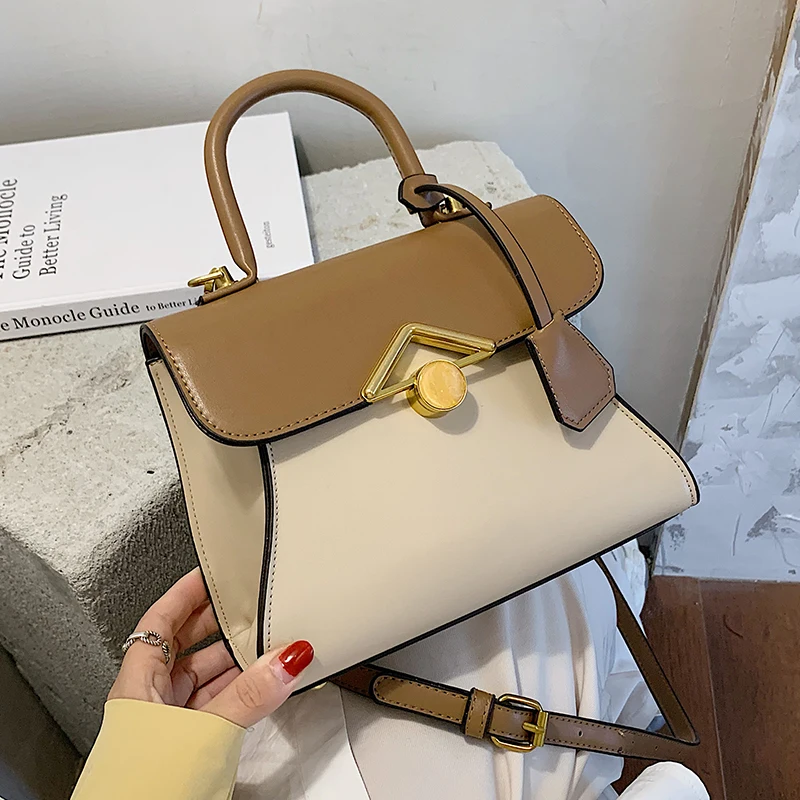 

Contrast color Square Tote bag 2020 Fashion New High quality PU Leather Women's Designer Handbag Lock Shoulder Messenger Bag