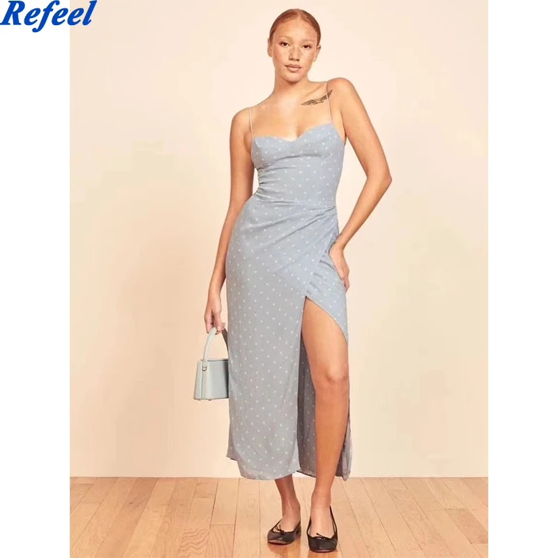 

Midi Dress Sexy Side Split Ruched Vestidos White Dot Print Adjust Spaghetti Strap Dress Vintage Blue Tube Top