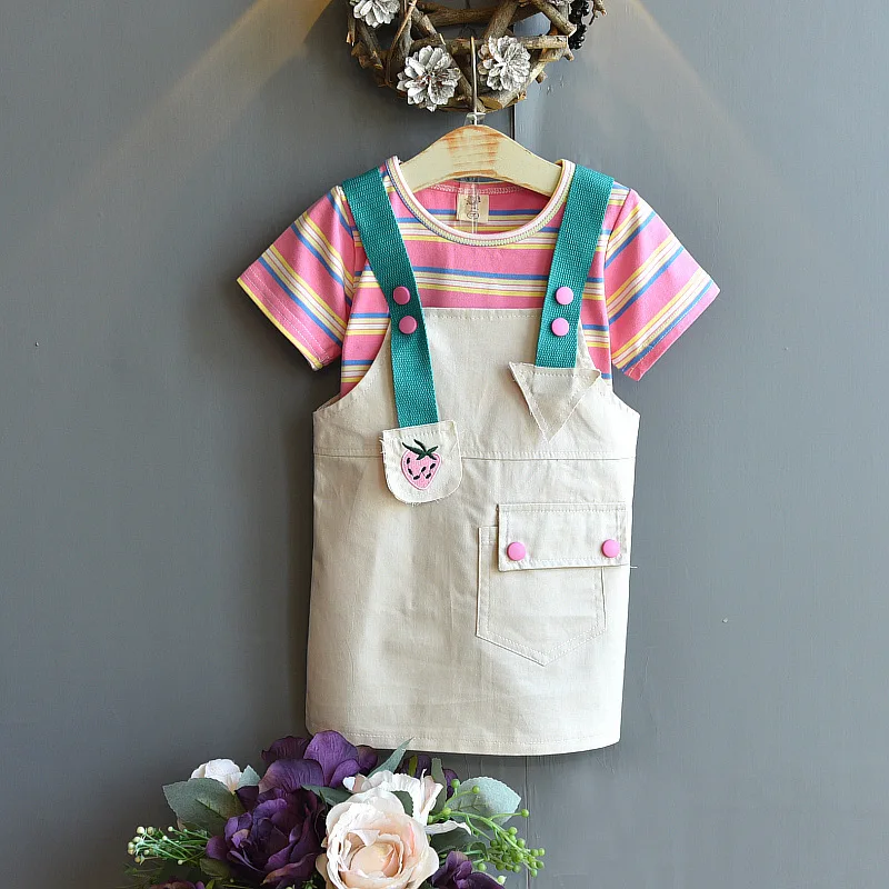 

Girls Clothes Sets 2021 Summer Striped Short Sleeve T-shirt Strap Skirt 2Pc Set Toddler Kids Clothing Little Girl Outfits