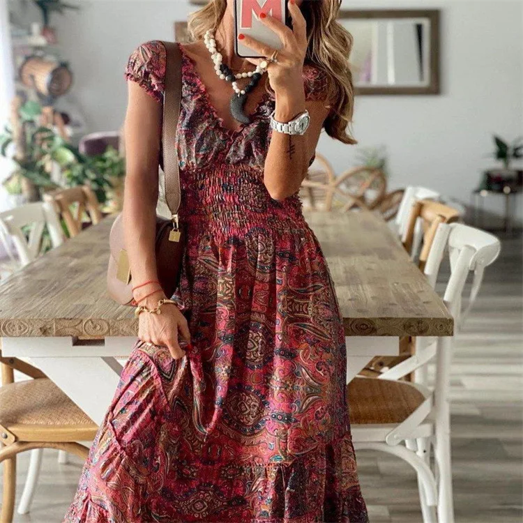 

Retro Floral Printed Vacation Maxi Dresses New Summer Boho V Neck Short Sleeve Ruffle Holiday Party Long Dresses Vestidos Mujer