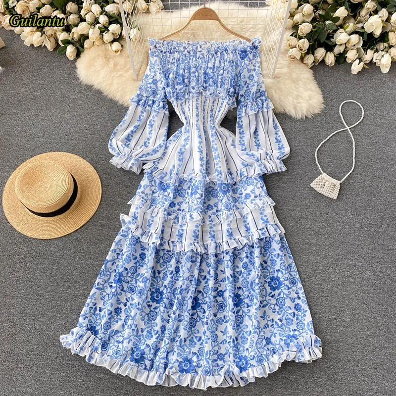 

Guilantu Elegant Evening Party Maxi Dresses Women Spring Autumn Slash Neck Long Sleeve Print Vintage Backless Sexy Chiffon Dress