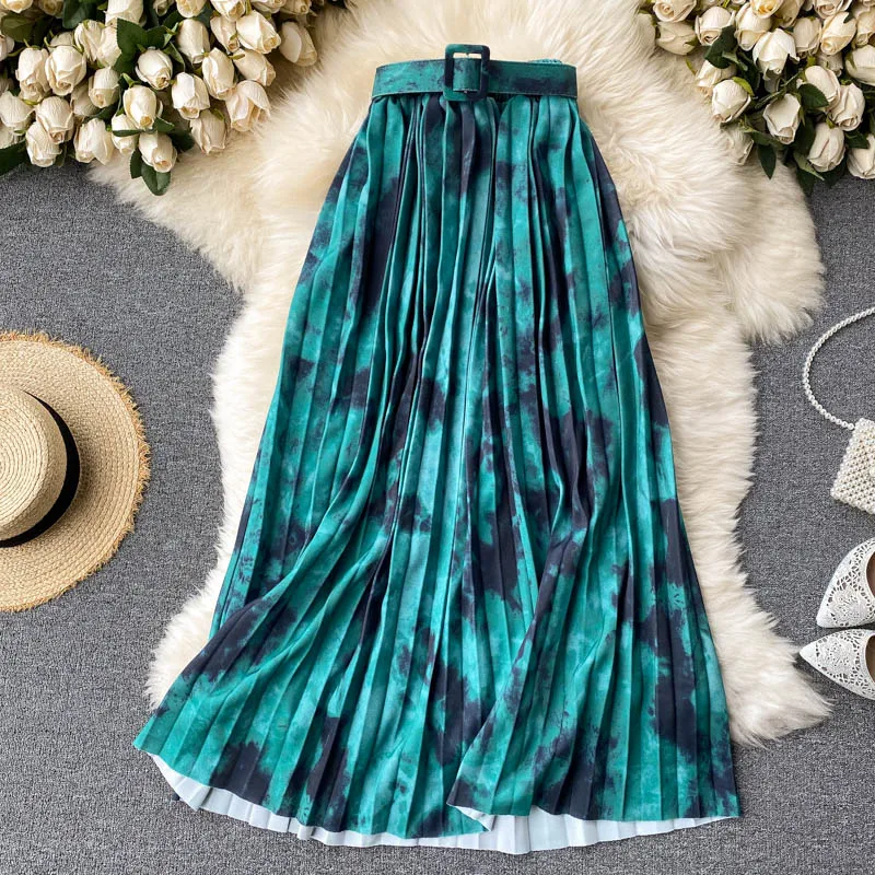 

High Waist Women's Pleated Skirt New Summer Ladies Design Irregular Tie-dye Retro Women Skirts 2021 Women Mid-length Dress