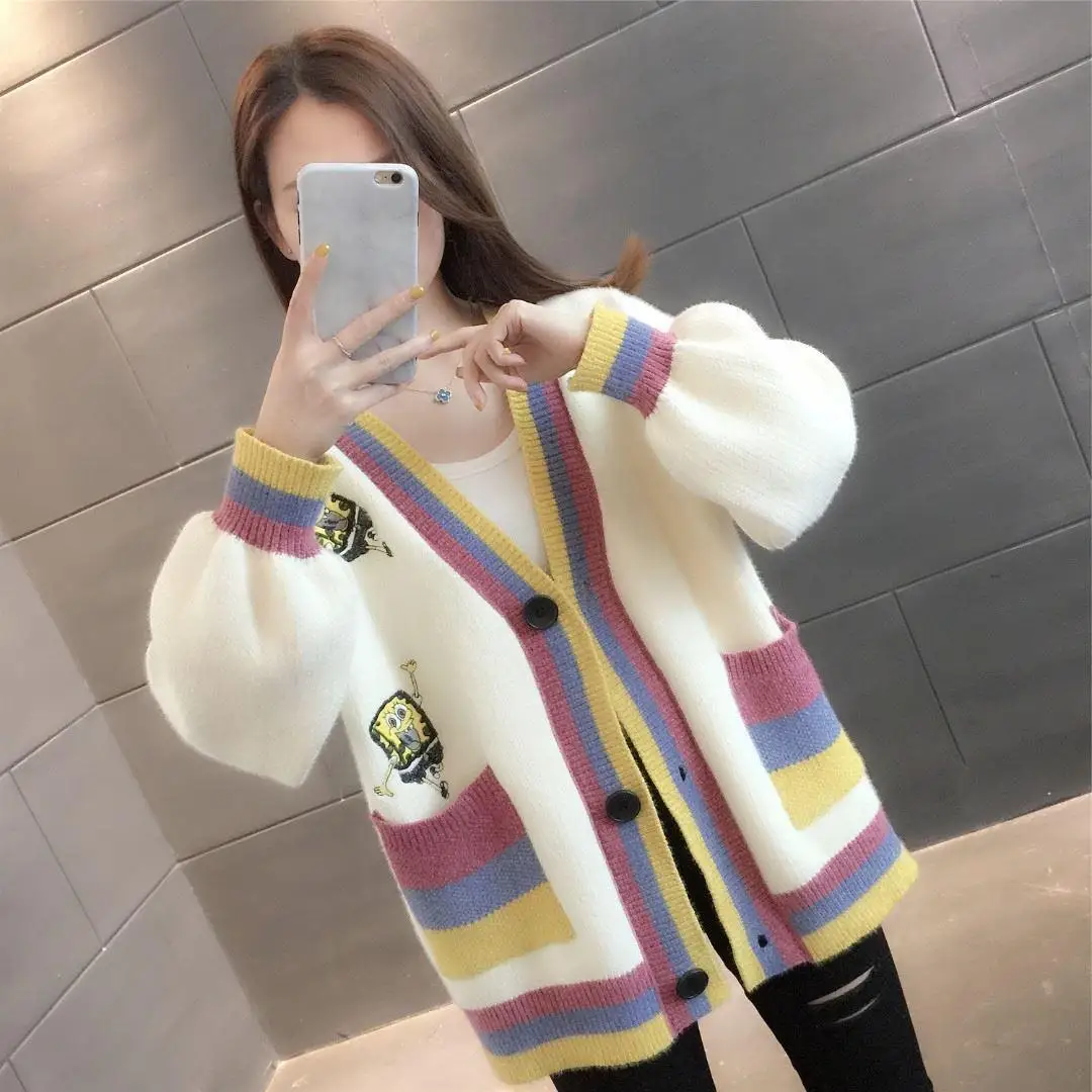 

New sweater lazy style long sleeve V-neck single breasted 2021 spring women's loose knit cardigan
