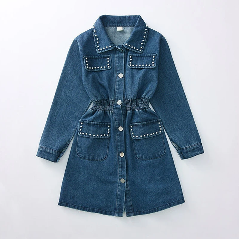 

Baby Girl Denim Clothes Spring Autumn Girls Pearl Decoration Princess Dress Children Casual Dresses 3-7Y Kids Fashion vestidos