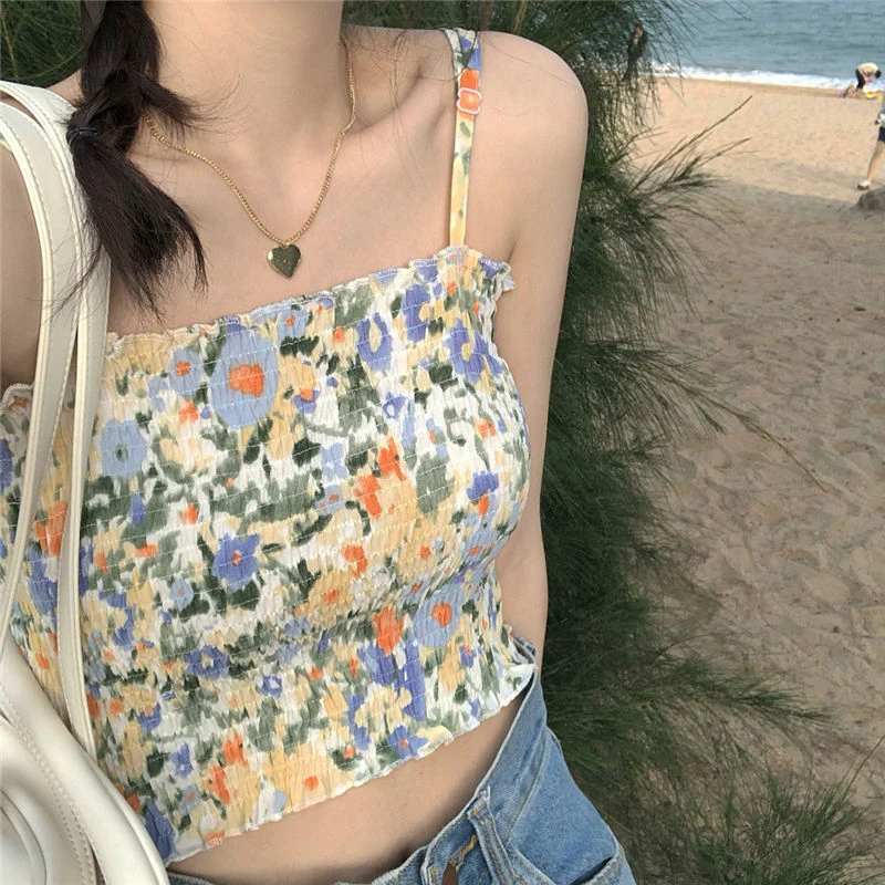 

Women Boob Tube Top Summer Sexy Girls Chiffon Retro Flowers Exquisite Ins Fashion 2021 Short Strapless Daily Street Snap