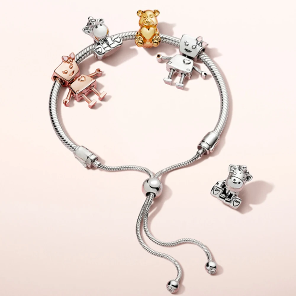 

2020 100% 925 Sterling Silver Cute Bear Shine Rose Bella Bot Charm THE UNICORN CHARM Bracelet Set Adjustable Women Choice Gift