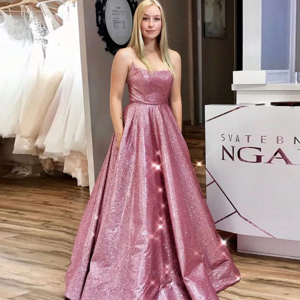 

Pink Sequins Evening Dresses Long Luxury 2021 Unique A-line Spaghetti Straps Backless Sparkle Prom Gown Eleglant robes de soirée