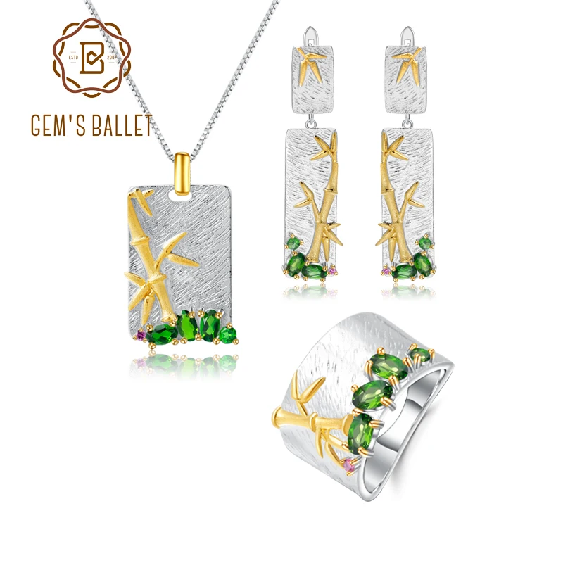 

GEM'S BALLET Natural Chrome Diopside Ring Earrings Pendant Sets 925 Sterling Silver Handmade Bamboo Fine Jewelry Set For Women