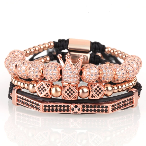 Роскошный браслет золотые браслеты мужские Корона Pave CZ Циркон нержавеющая сталь Бусины Плетеный плетеный браслет Роскошные Мужские аксессуары - Окраска металла: Rose gold