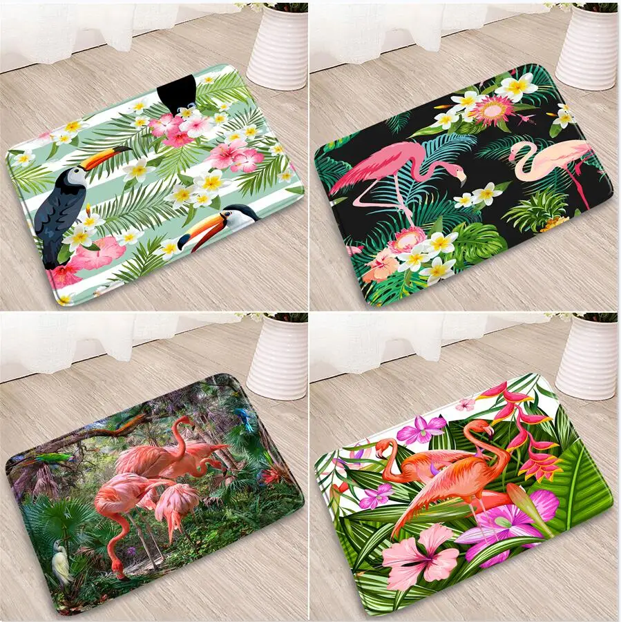 

Flamingo Bedroom Mats Tropical Animal Plant Doorway Welcome Carpets Kitchen Pad Bathroom Absorbent Non-Slip Flannel Rug Washable